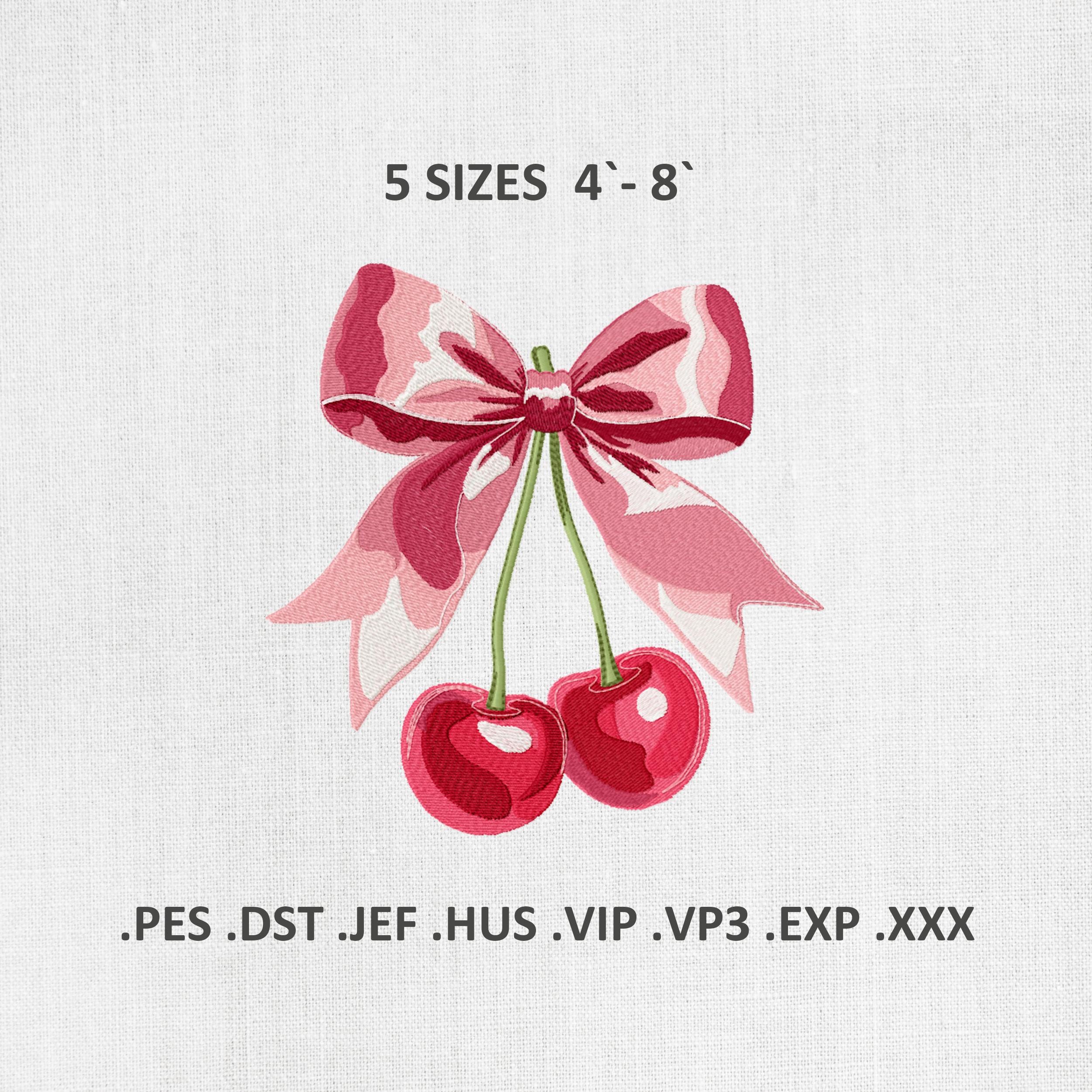 Cherries with Pink Bow Machine Embroidery Designs: Coquette PES JEF DST Files