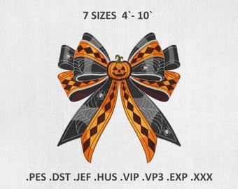 Bow with Pumpkin Machine Embroidery Design, Coquette Halloween PES DST Files