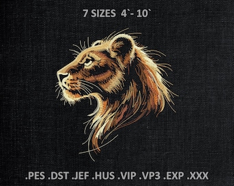 May include: Embroidered lioness head profile in shades of brown and gold on a black background. The text "7 SIZES 4'-10'" is at the top. Below the lioness are the file types: .PES .DST .JEF .HUS .VIP .VP3 .EXP .XXX.