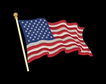 May include: Embroidered American flag with red and white stripes and a blue field of white stars. The flag is waving on a gold pole with a decorative finial, set against a black background.