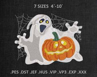May include: Embroidered Halloween design featuring a friendly ghost and a jack-o'-lantern. The ghost is white with a blue mouth and yellow eyes, and the pumpkin is orange. The design includes the text "7 SIZES 4'-10'" and file extensions.