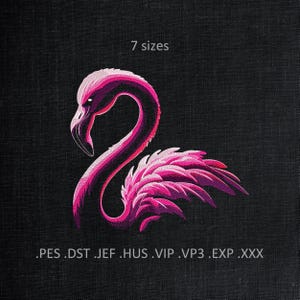 Roze flamingo machineborduurontwerpen voor donkere stof, borduurpatronen roze wilde vogel voor t-shirt, draagtas, kussen, maten 7