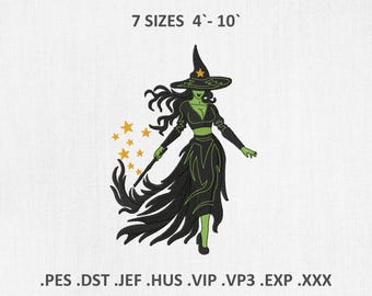 Disegni per ricamo a macchina a tema strega, file PES DST per Halloween a tema strega, download digitale