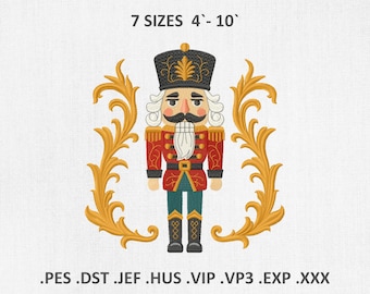May include: A digital embroidery design featuring a traditional nutcracker soldier in a red and gold uniform, black hat, and white beard. The design is framed by gold filigree and includes the text "7 SIZES 4'-10'" at the top. File formats: .PES .DST .JEF .HUS .VIP .VP3 .EXP .XXX.