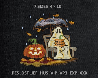 Halloween Ghost Embroidery Design: Funny Pumpkin, Fall PES DST Machine Files, Digital Download