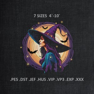 Moon Witch Machine Embroidery Designs, Witchy Vibes Embroidery Files, Halloween Good Witch DST PES Files, Digital Download, sizes 7