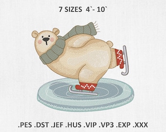 May include: An embroidered design of a polar bear ice skating on a blue circle. The bear wears a green scarf and red skates. Text above reads "7 SIZES 4'-10'". Below are file formats: .PES .DST .JEF .HUS .VIP .VP3 .EXP .XXX.
