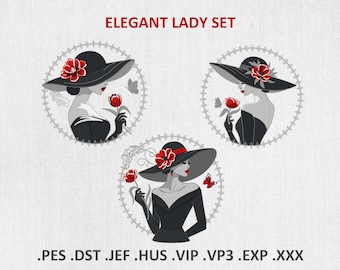 Elegant Woman Set Machine Embroidery Designs, Lady in Hat PES DST Files