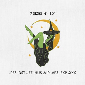 Moon Witch Machine Embroidery Designs, Witchy Vibes Embroidery Files, Halloween Good Witch DST PES Files, Digital Download, sizes 7