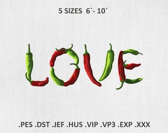 Spicy Hot Pepper Love Machine Embroidery Design for Sweatshirt, T-shirt, Apron, Pillow, Wall Art, Tote Bag, Instant Download, sizes 5