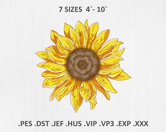 May include: A detailed illustration of a sunflower with yellow petals and a brown center. The text "7 SIZES 4'-10'" is above the flower. Below the flower are file extensions: .PES .DST .JEF .HUS .VIP .VP3 .EXP .XXX.