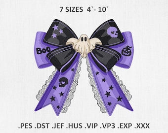 May include: A Halloween-themed bow in purple and black, featuring a ghost, skulls, and stars. The bow has a lace trim and the word "Boo" embroidered on one side. The text "7 SIZES 4'-10'" is at the top. The bow is approximately 4 to 10 inches in size.