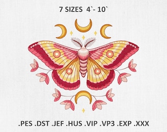 May include: Embroidered design featuring a moth with pink and yellow wings, surrounded by crescent moons and flowers. The text "7 SIZES 4'-10'" is above the moth. The design is available in multiple file formats.