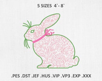 Floral Easter Rabbit Machine Embroidery Designs, Spring Bunny PES DST Files