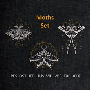 Peut inclure: Un ensemble de trois motifs de broderie représentant des papillons de nuit avec des détails complexes. Les motifs sont intitulés "Moths Set" et incluent les formats de fichiers : .PES, .DST, .JEF, .HUS, .VIP, .VP3, .EXP, .XXX.