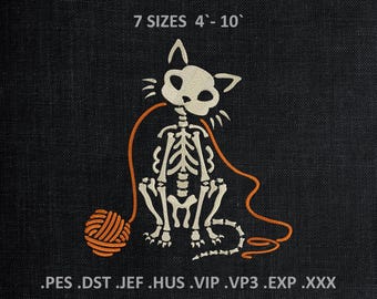 May include: A black background with a white cat skeleton design. The cat is sitting and playing with an orange ball of yarn. Text at the top reads "7 SIZES 4'-10'". Below the cat are file type extensions: .PES .DST .JEF .HUS .VIP .VP3 .EXP .XXX.