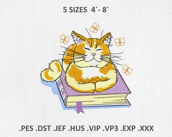 Machineborduurontwerpen kat met boek: Happy Feline PES DST Files