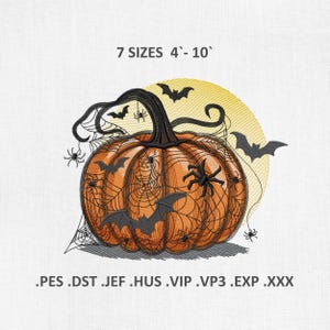 Diseños de bordado de calabazas aterradoras de Halloween: Telarañas y murciélagos (archivos PES DST, descarga instantánea)
