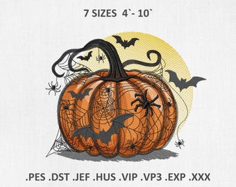 Halloween Pumpkin Embroidery Designs: Spider Web & Bats (PES DST Files, 7 Sizes, Instant Download)
