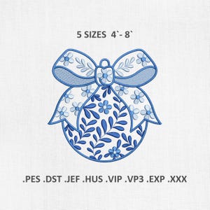 May include: Blue and white floral design. The image shows a decorative design with a bow at the top and a floral pattern. The text at the top says "5 SIZES 4'-8'". The bottom of the image shows file types .PES .DST .JEF .HUS .VIP .VP3 .EXP .XXX.