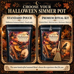 Puede incluir: Dos bolsas transparentes de kits de popurr&iacute; para hervir de Halloween con mezclas bot&aacute;nicas que incluyen rodajas de naranja seca, ramas de canela y an&iacute;s estrellado. El kit premium incluye una escoba en miniatura, un dije de sombrero y una tarjeta.