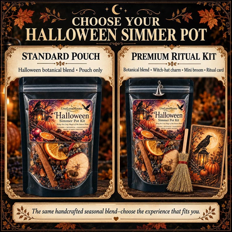 Puede incluir: Dos bolsas transparentes de kits de popurr&iacute; para hervir de Halloween con mezclas bot&aacute;nicas que incluyen rodajas de naranja seca, ramas de canela y an&iacute;s estrellado. El kit premium incluye una escoba en miniatura, un dije de sombrero y una tarjeta.