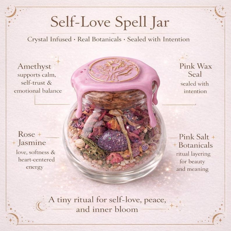 May include: A clear glass jar labeled "Self-Love Spell Jar" filled with botanicals, amethyst, and pink salt. The jar is sealed with a pink wax seal. Text on the image reads "Crystal Infused, Real Botanicals, Sealed with Intention."