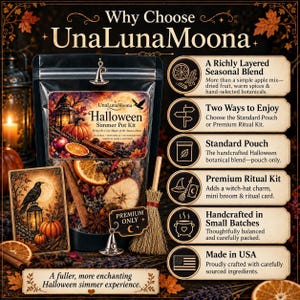 Puede incluir: Un kit de popurr&iacute; para hervir de Halloween en una bolsa transparente con frutas secas, ramas de canela y bot&aacute;nicos. La etiqueta muestra una calabaza, un farol y un cuervo. Incluye una escoba peque&ntilde;a, un dije de sombrero de bruja y una tarjeta.