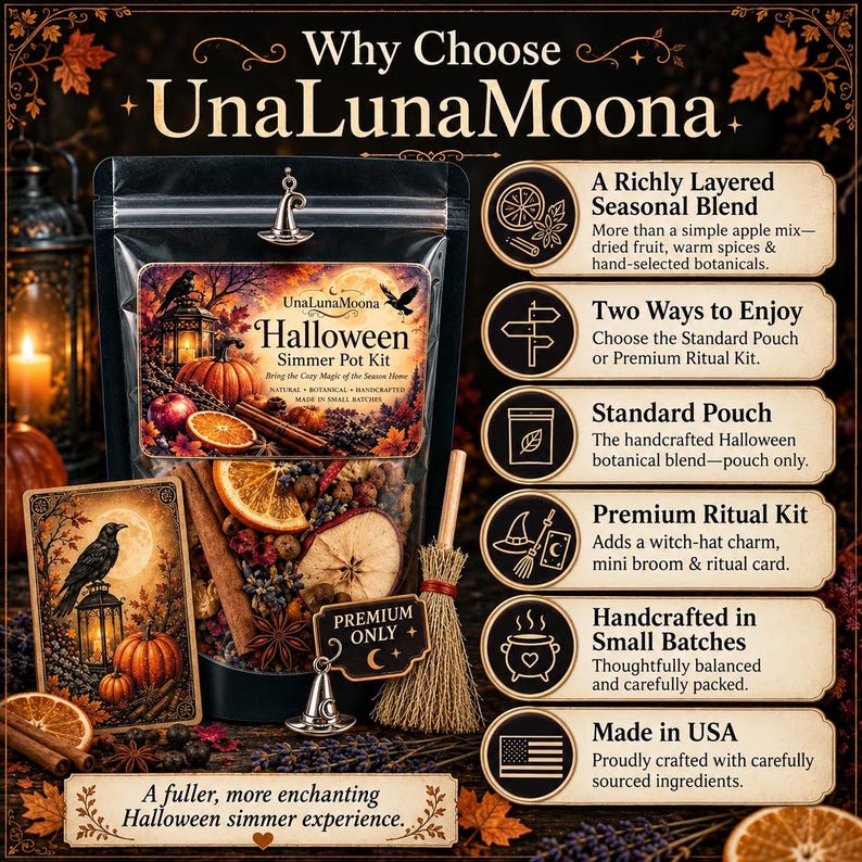 Puede incluir: Un kit de popurr&iacute; para hervir de Halloween en una bolsa transparente con frutas secas, ramas de canela y bot&aacute;nicos. La etiqueta muestra una calabaza, un farol y un cuervo. Incluye una escoba peque&ntilde;a, un dije de sombrero de bruja y una tarjeta.