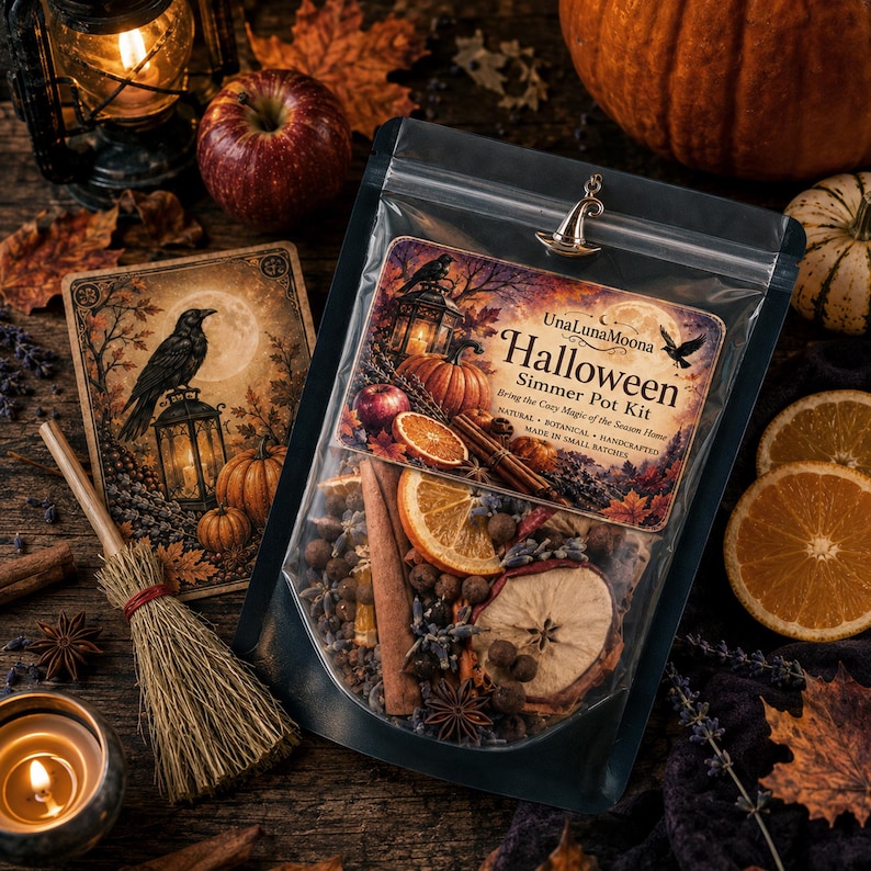 Puede incluir: Una bolsa de pl&aacute;stico transparente que contiene un kit de popurr&iacute; para hervir de Halloween con rodajas de naranja secas, ramas de canela, an&iacute;s estrellado y manzanas. La etiqueta dice UnaLunaMoona Halloween Simmer Pot Kit.