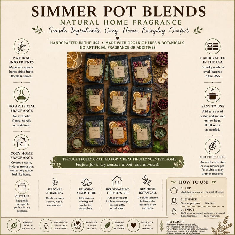 Black botanical simmer pot pouches arranged on a rustic wooden table with dried oranges, lavender, eucalyptus, cinnamon sticks, rose buds, herbs, and spices in a cozy home setting. Handcrafted home fragrance blends made with organic botanicals and natural ingredients.
