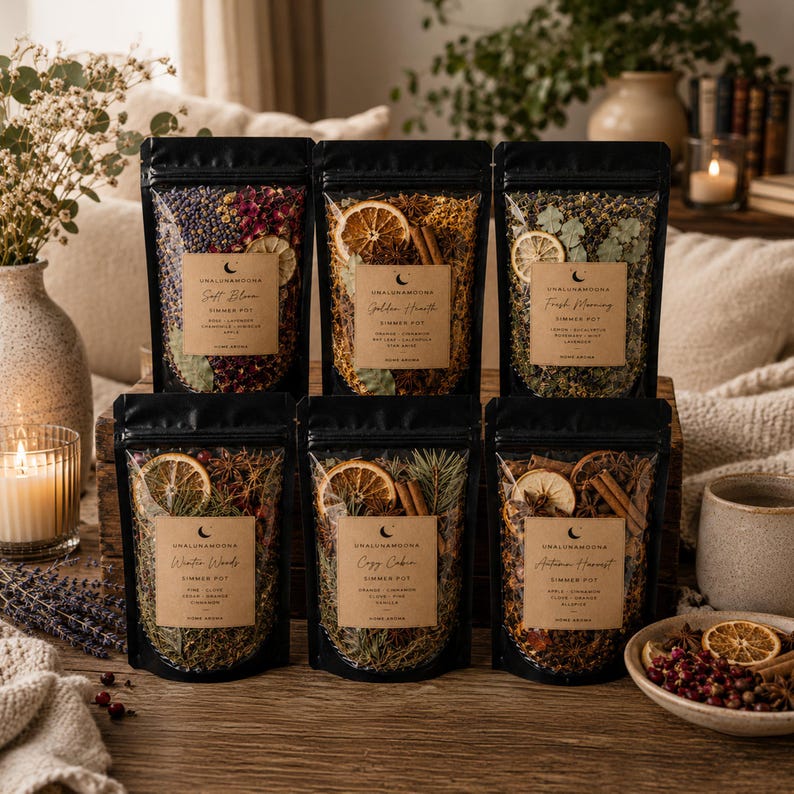 Black botanical simmer pot pouches arranged on a rustic wooden table with dried oranges, lavender, eucalyptus, cinnamon sticks, rose buds, herbs, and spices in a cozy home setting. Handcrafted home fragrance blends made with organic botanicals and natural ingredients.