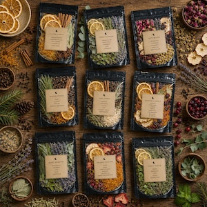 Black botanical simmer pot pouches arranged on a rustic wooden table with dried oranges, lavender, eucalyptus, cinnamon sticks, rose buds, herbs, and spices in a cozy home setting. Handcrafted home fragrance blends made with organic botanicals and natural ingredients.