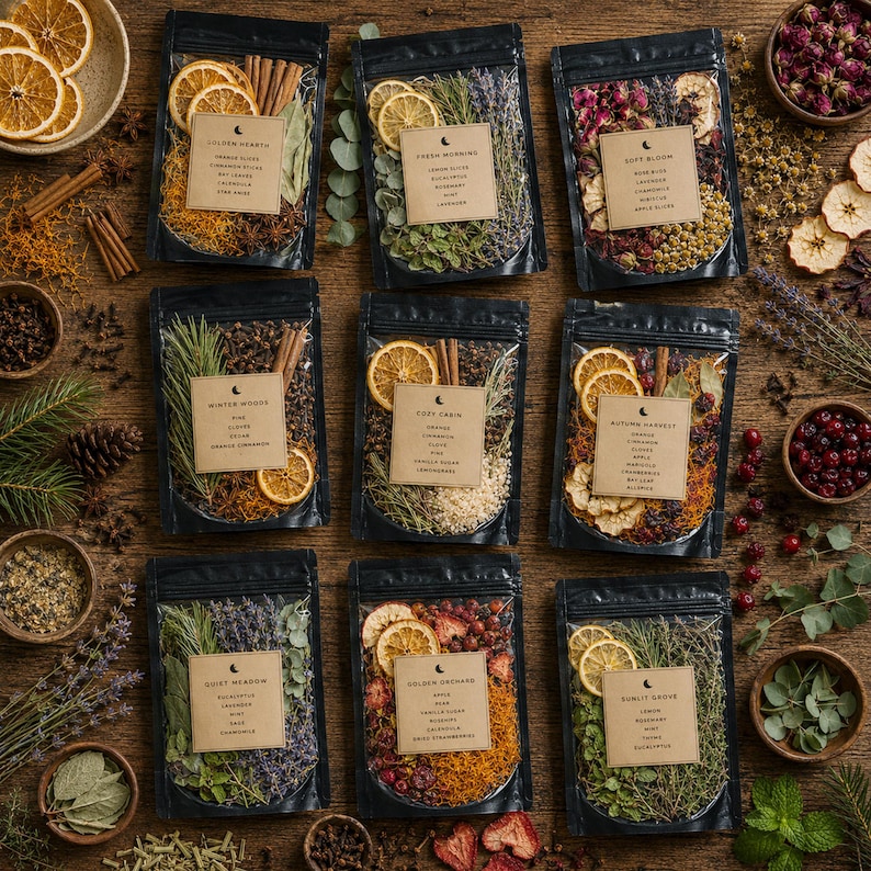 Black botanical simmer pot pouches arranged on a rustic wooden table with dried oranges, lavender, eucalyptus, cinnamon sticks, rose buds, herbs, and spices in a cozy home setting. Handcrafted home fragrance blends made with organic botanicals and natural ingredients.