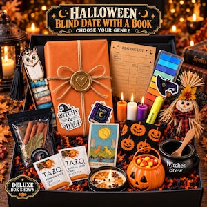 May include: A Halloween gift box containing an orange wrapped book with a heart wax seal, a reading list card, Tazo tea bags, a candle, a pumpkin-shaped candy bowl, a small scarecrow, a bookmark, a tarot card, and a Witches Brew cauldron.