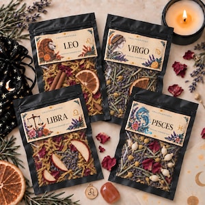 May include: Four black resealable pouches containing dried botanical simmer pot ingredients labeled Leo, Virgo, Libra, and Pisces. Each pouch features a unique illustration, zodiac symbol, and dried elements like orange slices, cinnamon, and flowers.