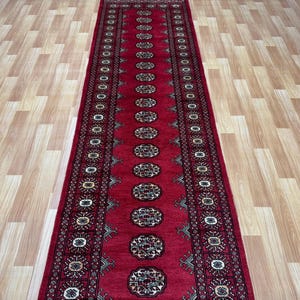 2.6x10 Red Color Bokhara Rug - Runner Rug - Hallway Rug - Stairs Rug - Bukhara Rug - Living Room Rug - Woolen Rug - Afghan Rug