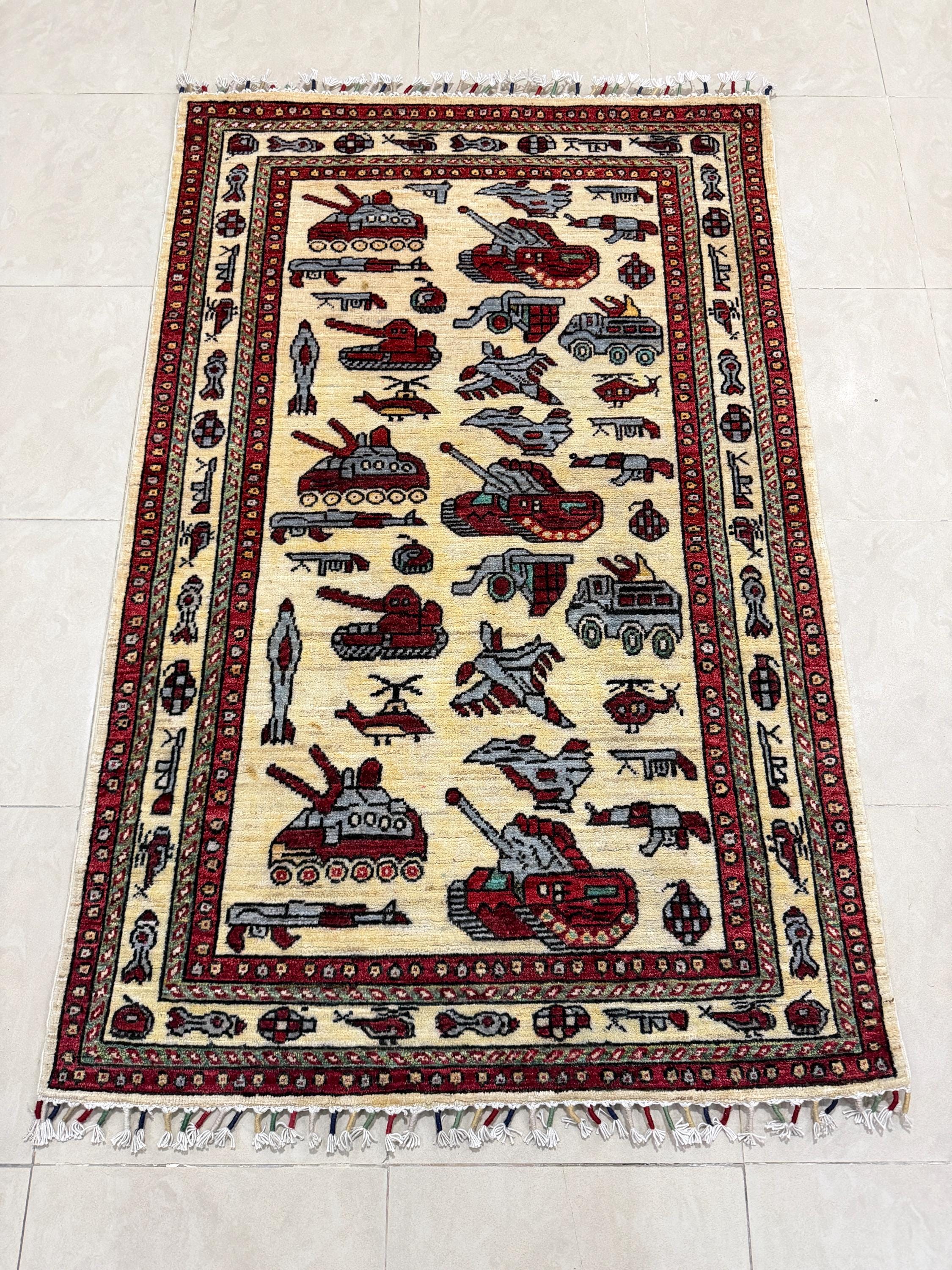激安セール　SALE アフガンラグ　war rug手織り 153cm X 86 3x5 White Color War Rug - Afghan War Rug - War Rug - Humvee Rug