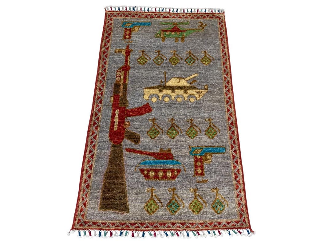 2.6x4 Gray Afghan War Rug – Handmade Wool Kalashnikov Rifle Design - Etsy