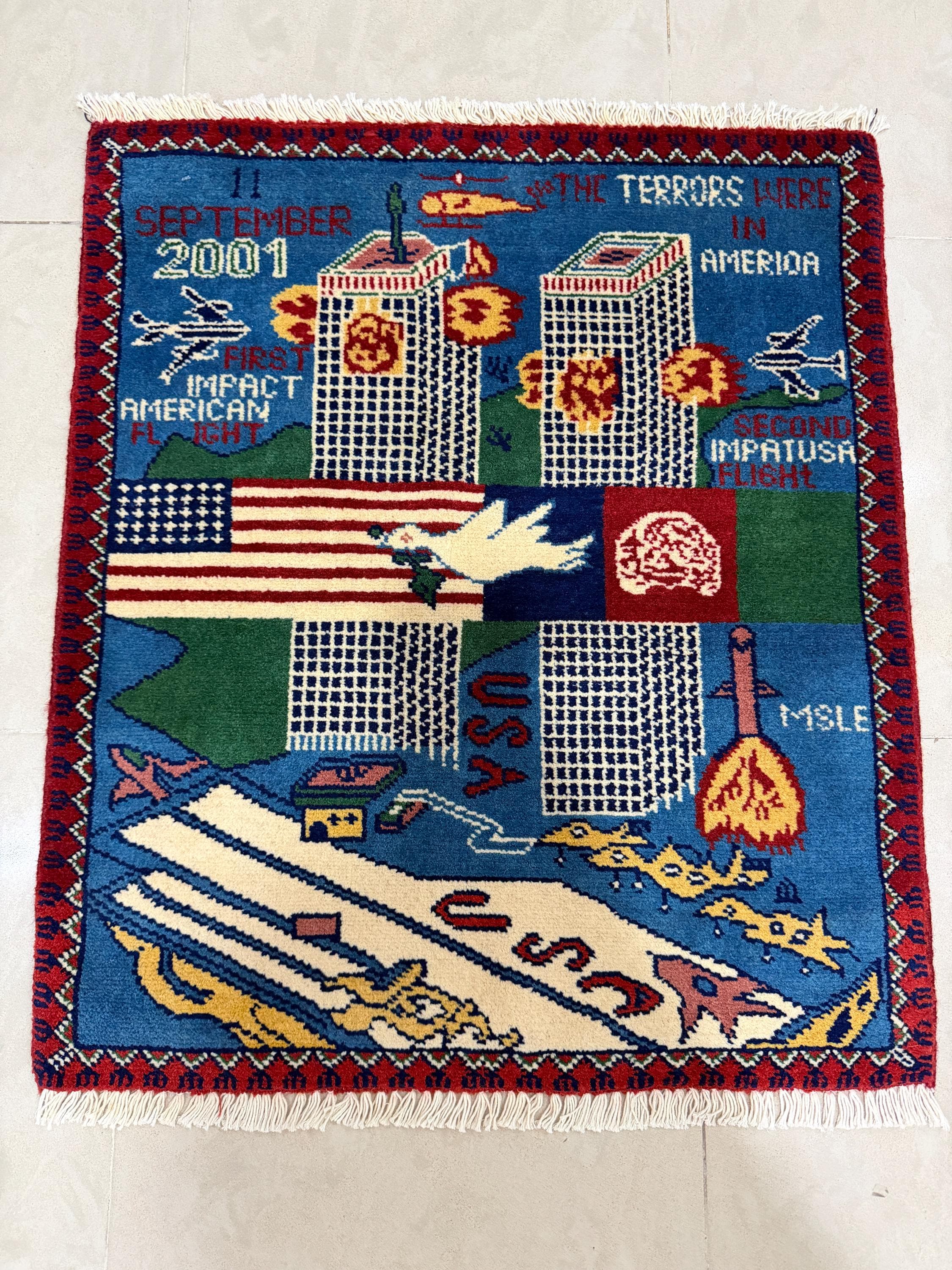 2x3 Ft Blue Color Afghan War Rug – 9/11 Theme, Handmade Wool - Etsy