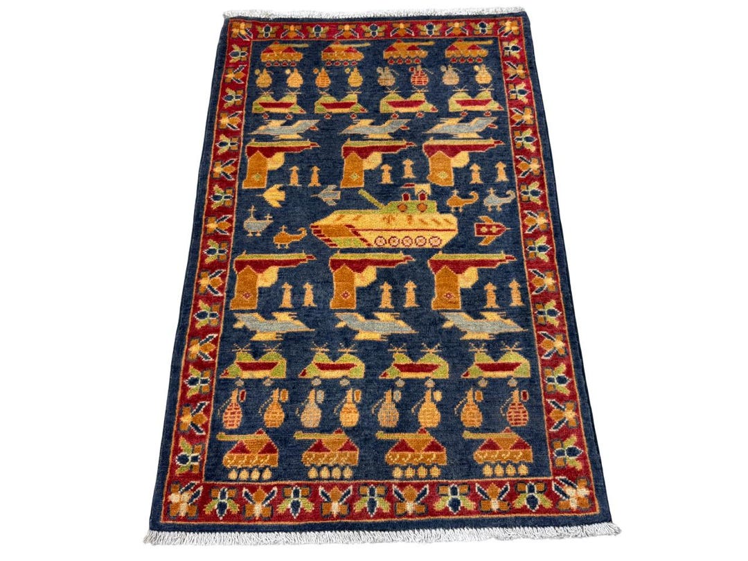 Iraqi Gun Rug 2.6x4 Navy Blue War Rug - Kalashnikov Rug - Afghan War Rug - Grenade ...