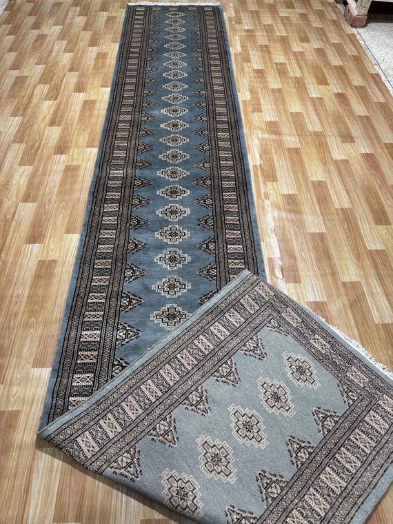 70 x 350 Grauer Teppich Läufer - Langer Teppich Läufer - Buchara Teppich - Langer Teppich Läufer - Teppich mit Seidenprägung - Afghanischer Teppich