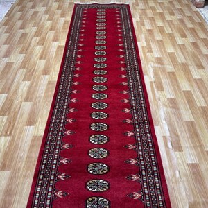 2.6x12 Red Color Bokhara Rug - Runner Rug - Hallway Rug - Stairs Rug - Bukhara Rug - Living Room Rug - Woolen Rug - Afghan Rug