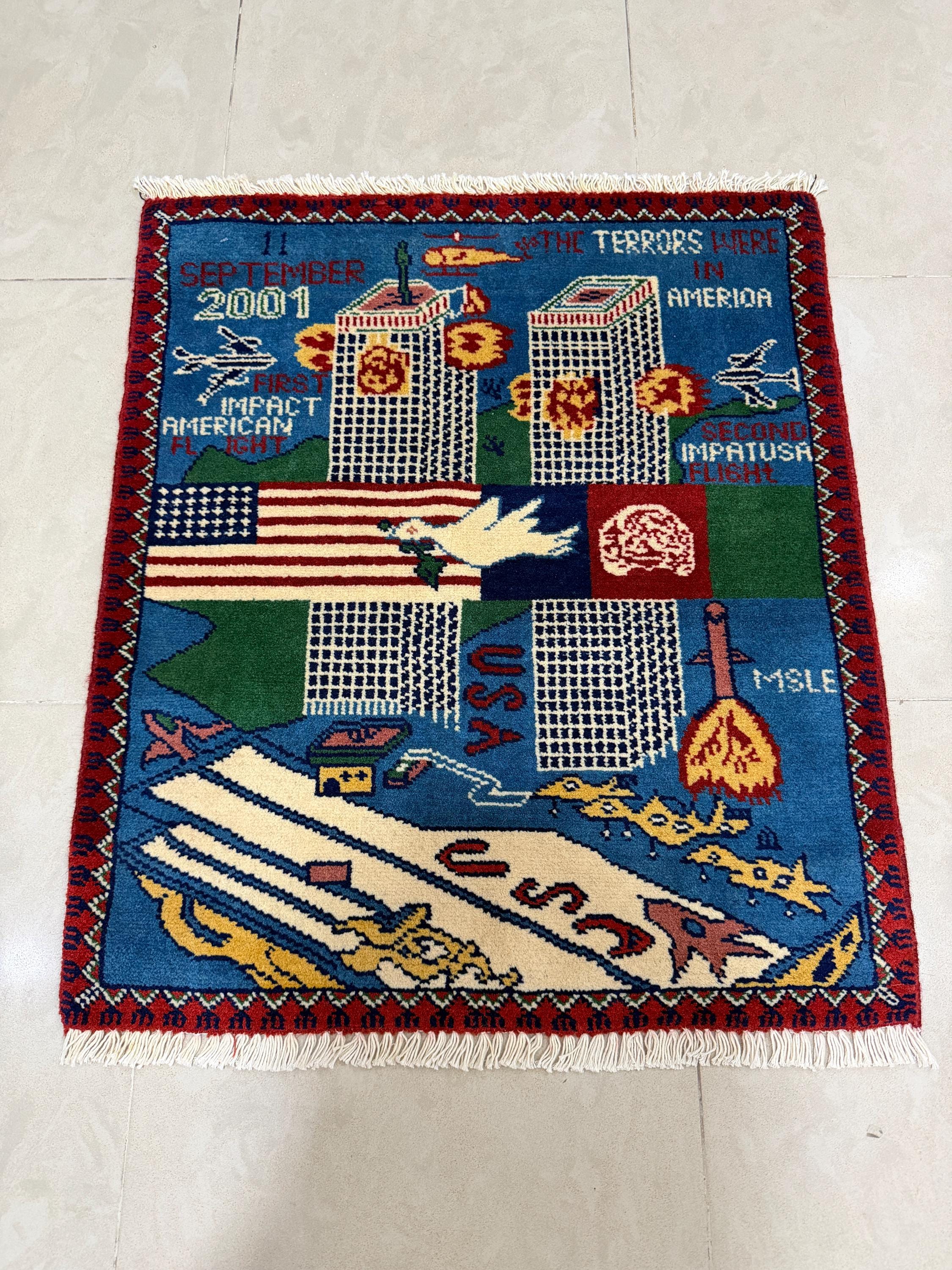 2x3 Ft Blue Color Afghan War Rug – 9/11 Theme, Handmade Wool - Etsy