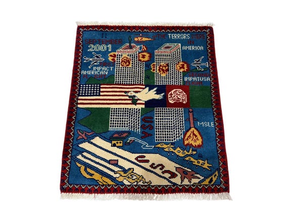 2x3 Ft Blue Color Afghan War Rug – 9/11 Theme, Handmade Wool - Etsy