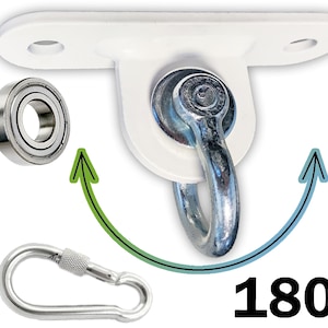 May include: White metal swing hook with a swiveling ring and a ball bearing. The hook is attached to a white metal bracket. The bracket has two holes for mounting. The hook can rotate 180 degrees. A silver carabiner clip is also included.