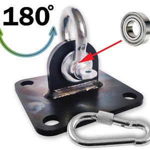 May include: A black metal swing hanger with a swivel design, including a silver carabiner and a ball bearing for smooth rotation. The image also shows a 180-degree rotation graphic.