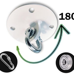 Op de afbeelding: Witte plafondbevestiging met een draaibare haak en een kogellagersysteem. De haak kan 180 graden draaien.