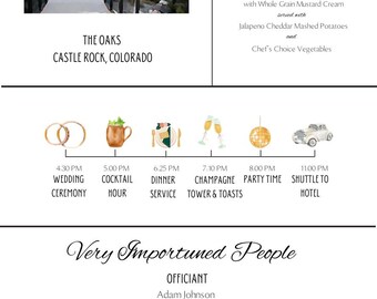 May include: A wedding invitation featuring a watercolour illustration of a building, a cocktail, a dinner plate, champagne flutes, a disco ball, and a car. The invitation includes the text "The Pipers Wedding", "May 20, 2028", "The Oaks", "Castle Rock, Colorado", and a wedding timeline.