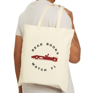Read Books Watch F1 Tote Bag, Formula 1 Fan Gift, Book Lover, Bookish Present, F1 Merch, F1 Romance Tote, Ferrari, McLaren, Cotton Canvas